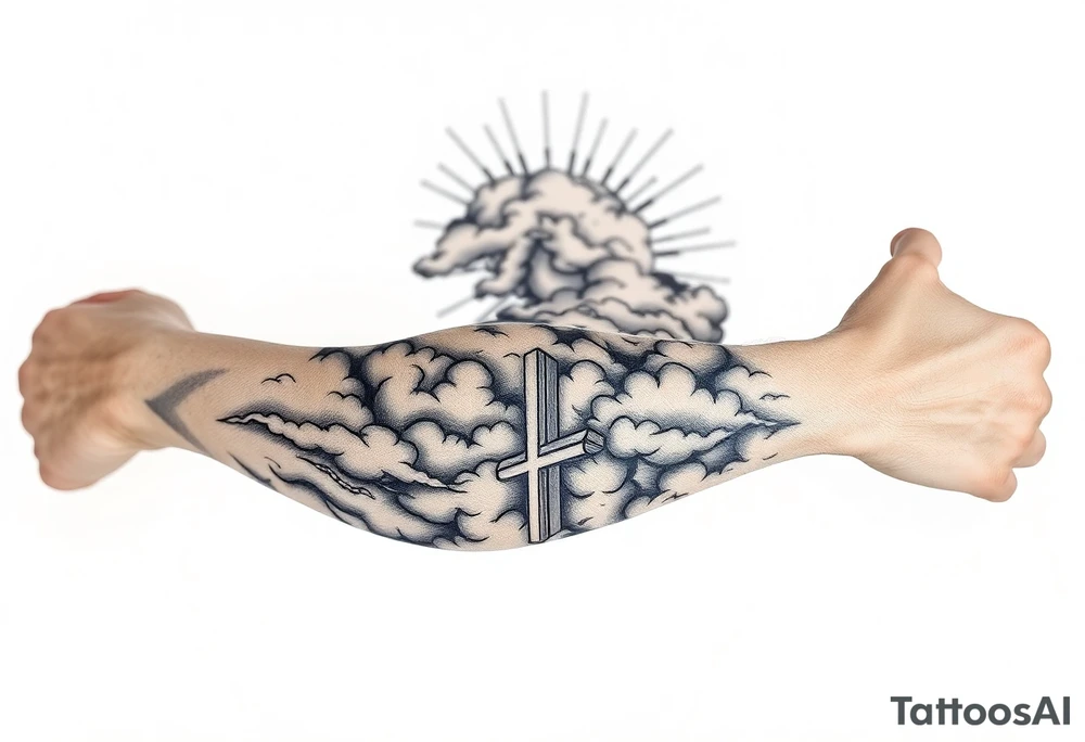 Half sleeve. powerful, cloud, cross, sun rays tattoo idea
