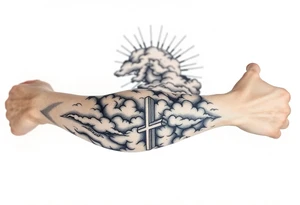 Half sleeve. powerful, cloud, cross, sun rays tattoo idea