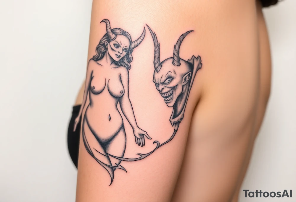 beautiful naked woman and a angry and powerful demon tattoo idea