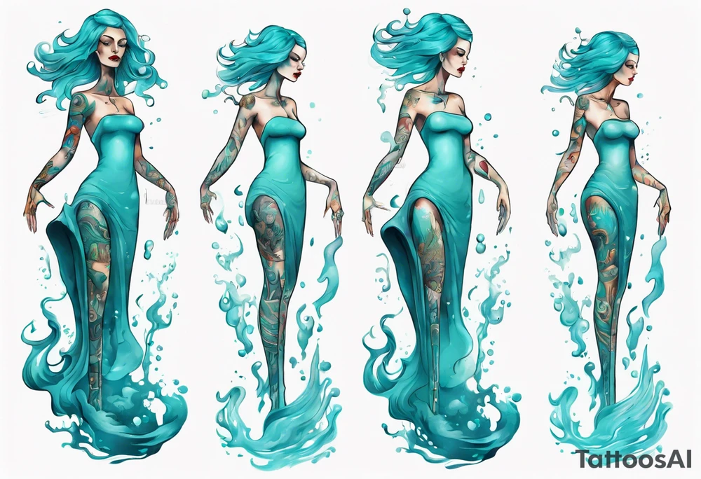 a tall woman made of water with turquoise hair tattoo idea