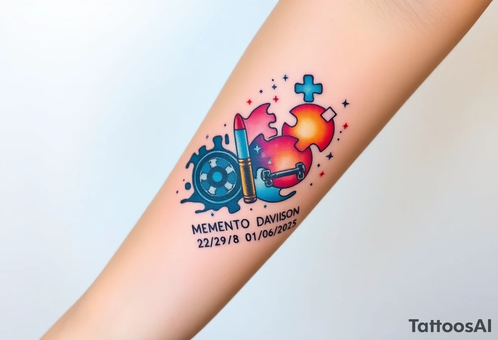 colorful futuristic memory tattoo for passed boyfriend;, star wars, space, Harley Davidson, skateboarding, puzzle pieces, video games, heaven, god, outdoors, 9mm bullet, words MEMENTO MORI & DARTH CARTER 12/29/88-01/06/2025 tattoo idea