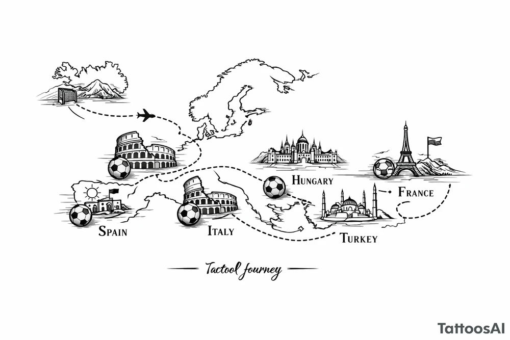 A football journey no crests
A fine-line world map or stylized route connecting Iceland ➔ Italy ➔ Spain ➔ Turkey ➔ Hungary ➔ France, with minimalist markers for each club. tattoo idea