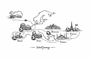 A football journey no crests
A fine-line world map or stylized route connecting Iceland ➔ Italy ➔ Spain ➔ Turkey ➔ Hungary ➔ France, with minimalist markers for each club. tattoo idea
