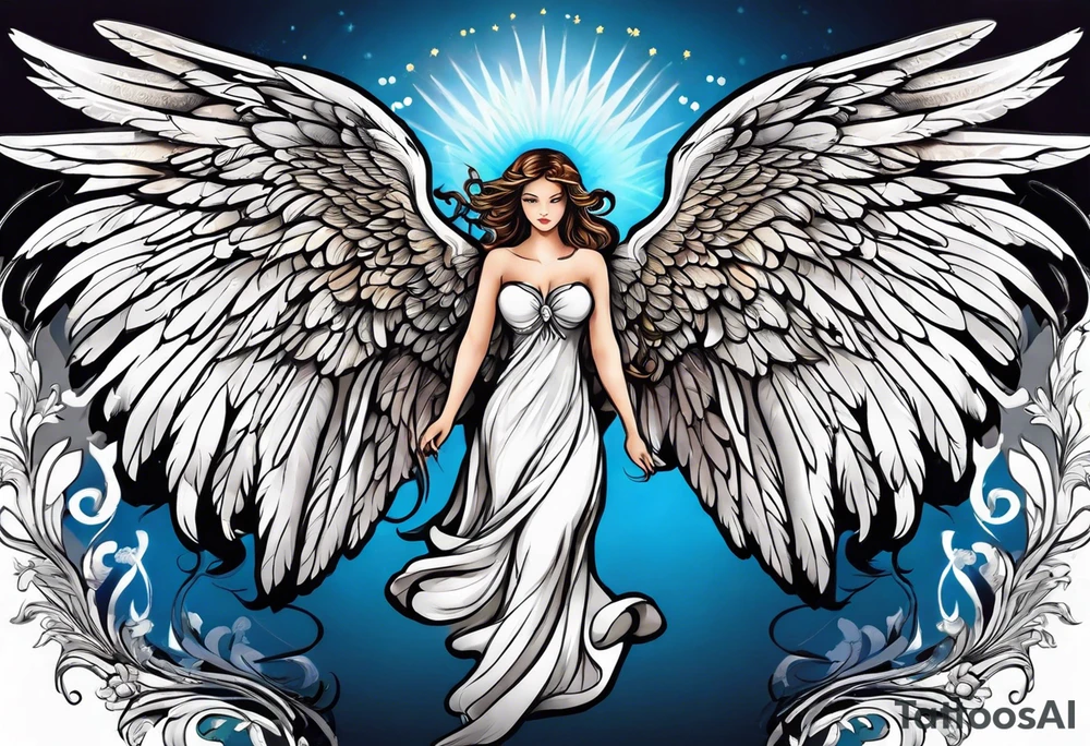 beautiful angel wings. with flilgree in the background tattoo idea