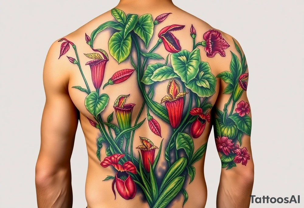 carnivorous plants neck, chest, back, and arm sleeves
I want these spots covered in these plants, ranging from venus fly traps to others
Make it masculine looking, I want it to look kinda like a plant guide book tattoo idea