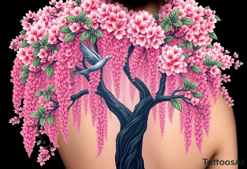 A big pink, weeping tree with huge  lushish leaves and a beautiful trunk. there are 2 doves. 1 is a flying into the sky. The second one is hovering above the ground that’s turning black like she stained with grief. Goth romance 
These are the dates I want dainty in the heavily overflow of weeping cherry blossom branches and leaves March 31, 2024 – July 2, 2024 tattoo idea