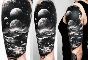 Outer space themed calf sleeve tattoo incorporating the quote, "Made for another world" in typewriter font tattoo idea