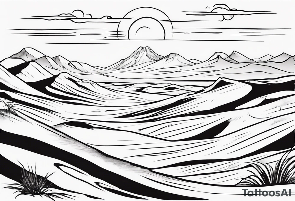 "Design a tattoo depicting a distant view of a vast desert landscape with low, undulating sand dunes. tattoo idea