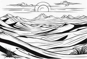 "Design a tattoo depicting a distant view of a vast desert landscape with low, undulating sand dunes. tattoo idea