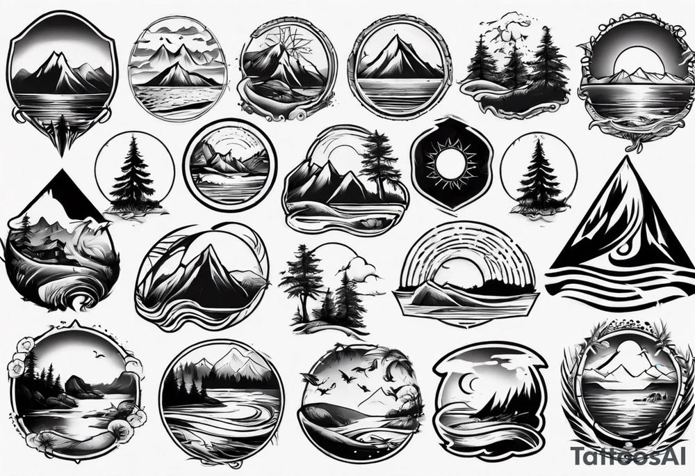 portrait tattoo with mountains, beach, waves, sunset, camping, trees tattoo idea