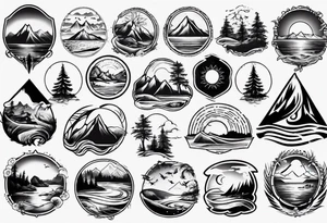 portrait tattoo with mountains, beach, waves, sunset, camping, trees tattoo idea