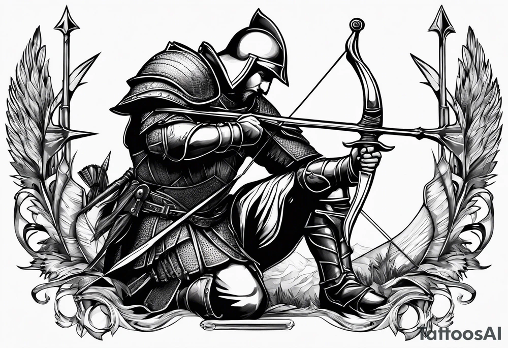 Side profile of a wounded knight on his knees with five arrows in his back tattoo idea