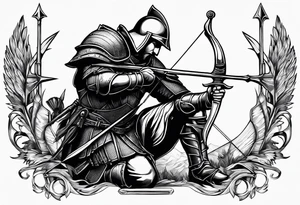 Side profile of a wounded knight on his knees with five arrows in his back tattoo idea