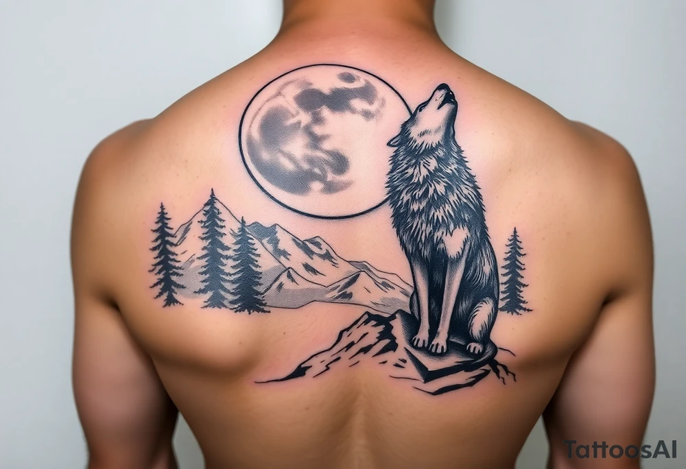 lone wolf howling at full moon with northern lights backdrop tattoo idea