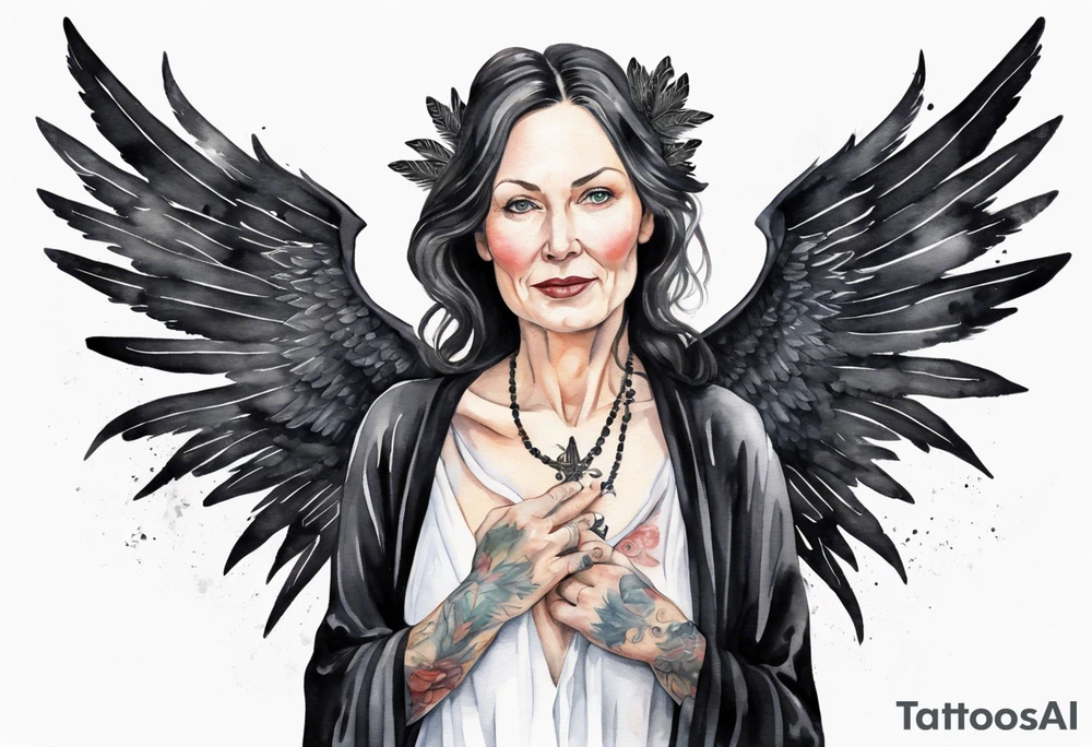 a beautiful 50 year old Dakota woman with pale skin wearing a black robe with black angel wings, bare feet tattoo idea