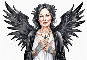 a beautiful 50 year old Dakota woman with pale skin wearing a black robe with black angel wings, bare feet tattoo idea
