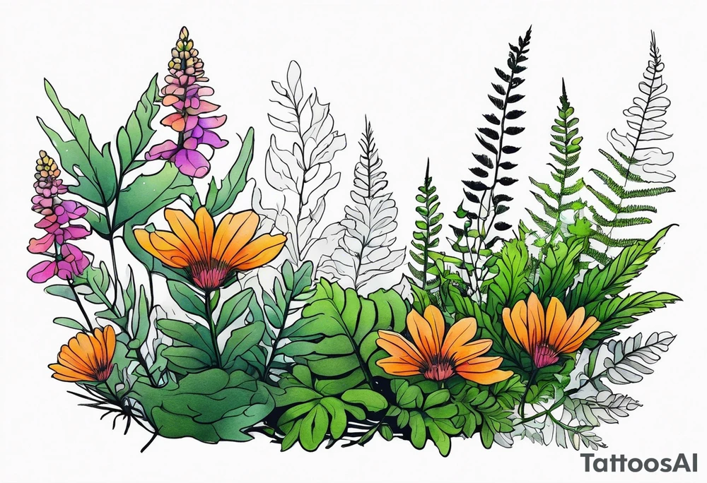 saturated mixed wildflower with moss and ferns and with color tattoo idea