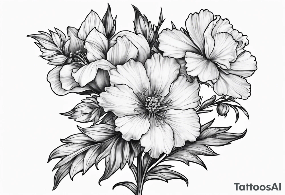 Simple Tattoo of florals of larkspur with stem, carnation, violet,  daisy tattoo idea