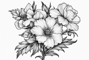 Simple Tattoo of florals of larkspur with stem, carnation, violet,  daisy tattoo idea