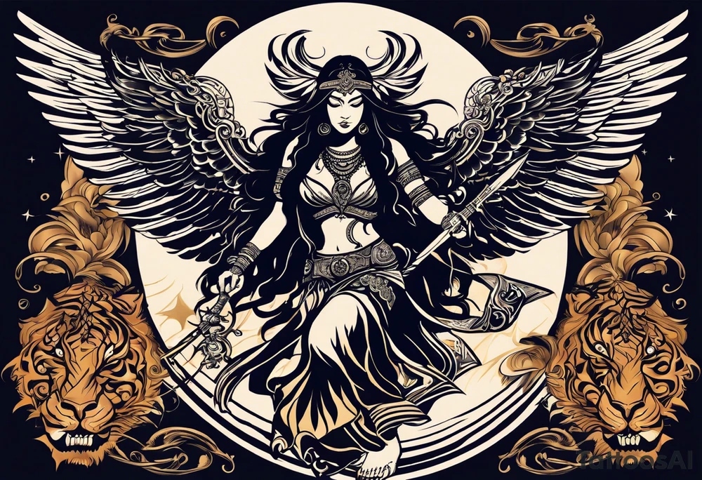 black kali, goddess pirate, alien, angel, pachamama, valkrye, warrior, flying, skull, lotus azul, wing, eagle, zenza resonance, stars, 5D, anahata chakra, death, durga, riding on a tiger, flying lady tattoo idea