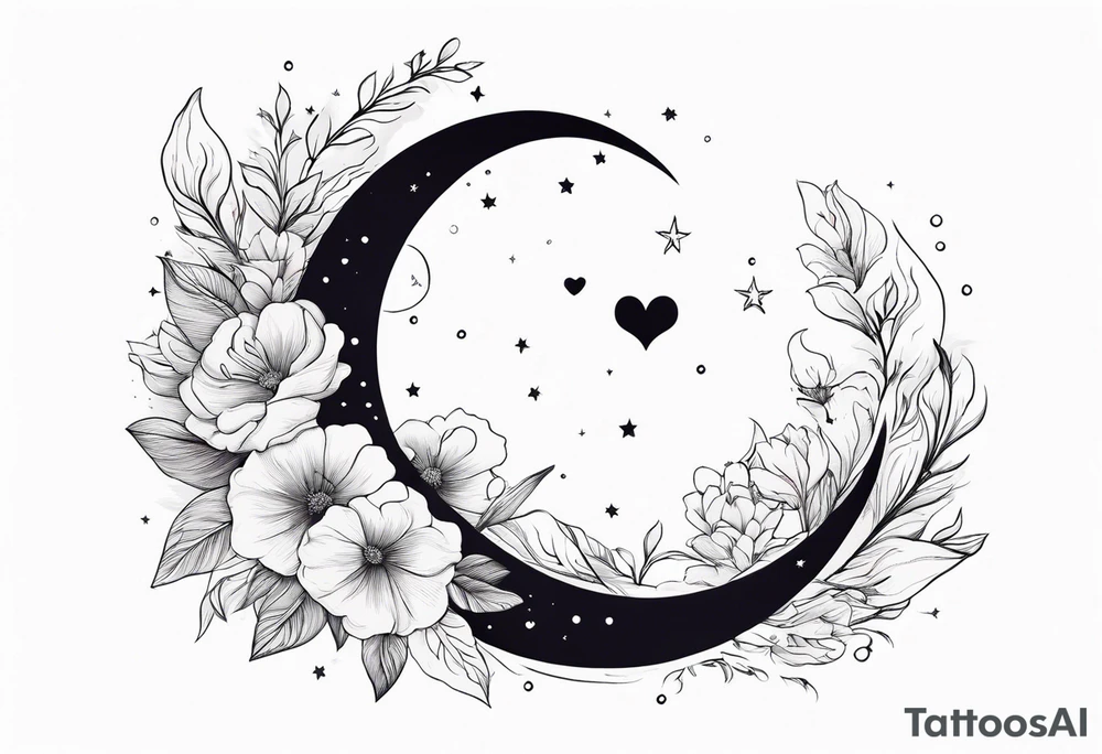 Crescent moon with a heart inside, shrouded by beautiful flowers with wisps of mist tattoo idea