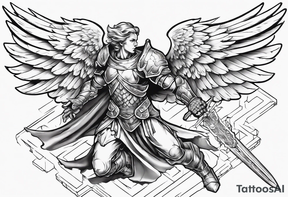 A winged angel wearing armor that is in mid-air with his two-handed sword about to attack in isometric view. tattoo idea