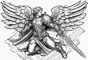 A winged angel wearing armor that is in mid-air with his two-handed sword about to attack in isometric view. tattoo idea