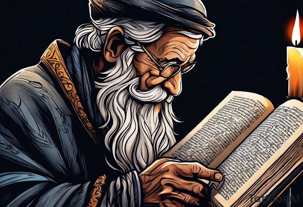 old man beggar reading a holy bible by candle light tattoo idea