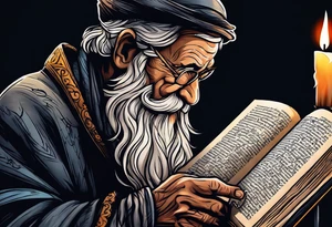 old man beggar reading a holy bible by candle light tattoo idea