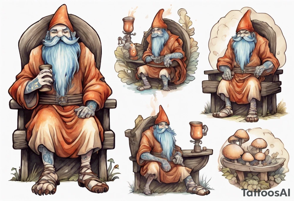 a mushroom creature with a long beard wearing a  medieval tunic sitting on a bench by a fireplace drinking from a wood cup, smiling tattoo idea