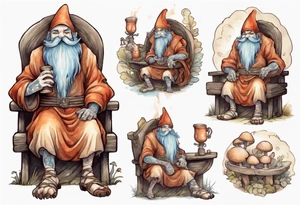 a mushroom creature with a long beard wearing a  medieval tunic sitting on a bench by a fireplace drinking from a wood cup, smiling tattoo idea