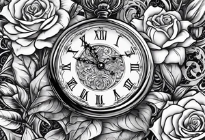 Two pocket watches linked together by a chain spelling "Lyv". Roses and lilies in the background tattoo idea