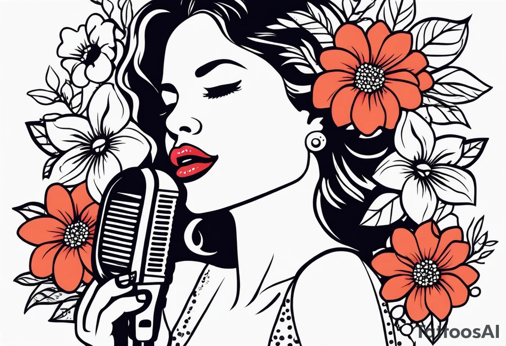 lips singing old school vintage traditional
flowers around and mouth next to microphone
bold and colorful simple design dots and simple flowers sketch tattoo idea
