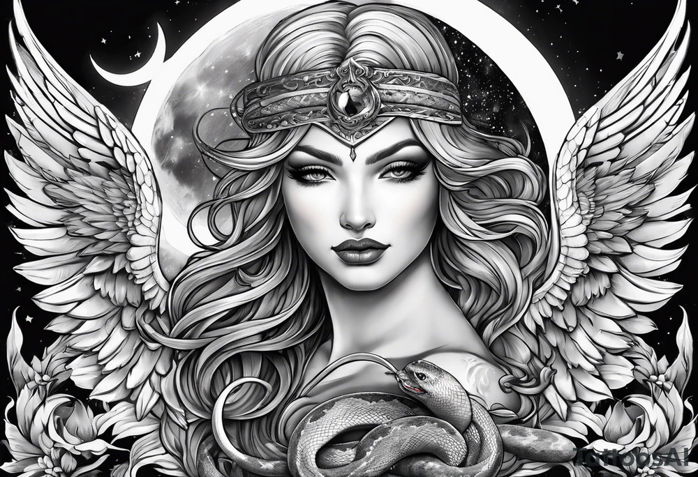 Lucifer (half angel and half snake) wraps the moon in the sky tattoo idea