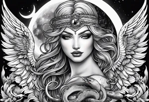 Lucifer (half angel and half snake) wraps the moon in the sky tattoo idea