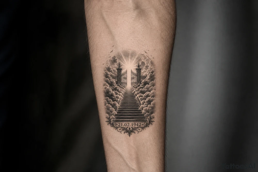 Stairway to heaven, with clouds surrounding the stairs, and the gate being at the top. A date, below the stairs, in Roman numerals 21.02.1942. Also, add some details other than the clouds. tattoo idea