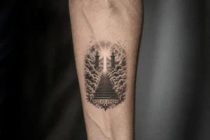 Stairway to heaven, with clouds surrounding the stairs, and the gate being at the top. A date, below the stairs, in Roman numerals 21.02.1942. Also, add some details other than the clouds. tattoo idea