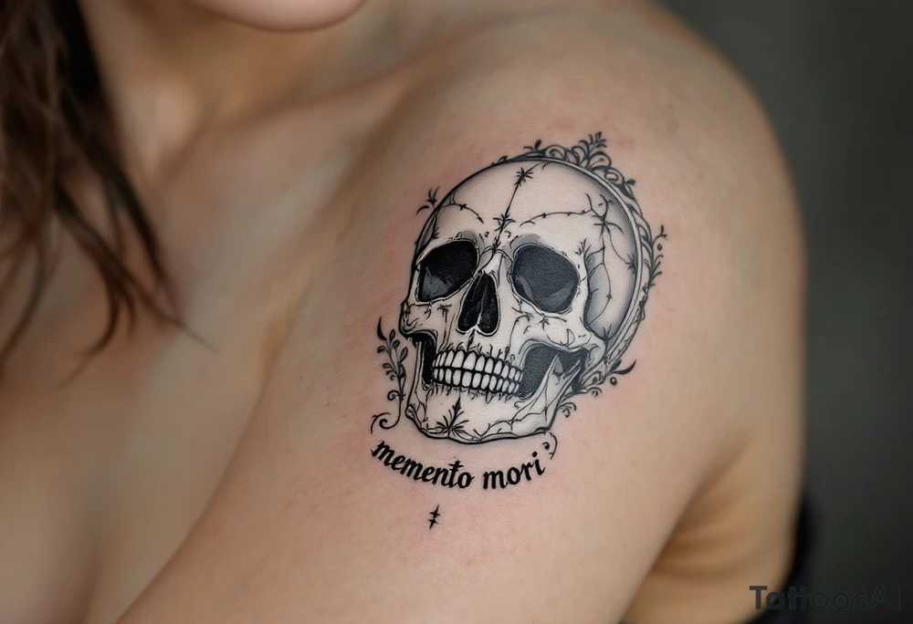 A Victorian-style framed mirror reflecting a skull in muted silver and black, with "memento mori" engraved along the edge. tattoo idea