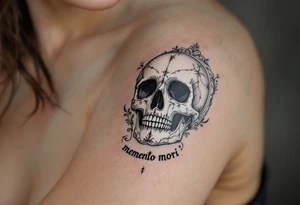 A Victorian-style framed mirror reflecting a skull in muted silver and black, with "memento mori" engraved along the edge. tattoo idea