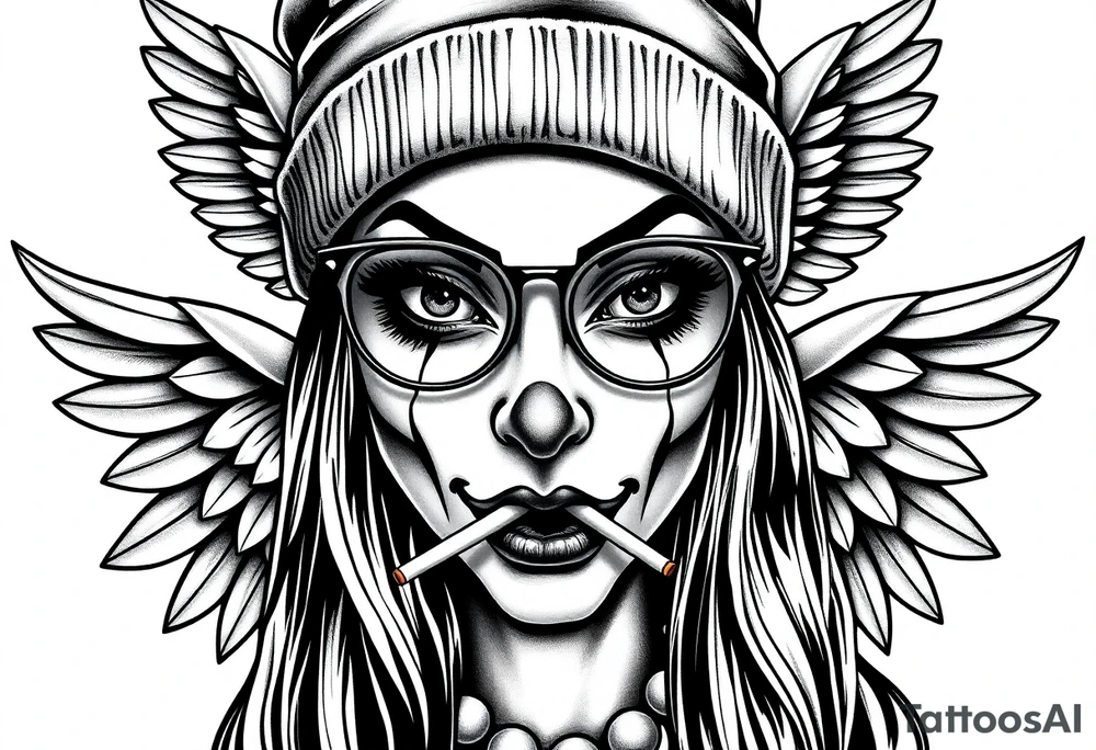 beautiful long hair pin up Clown face Girl payasa  thug beanie eyeglasses  angelic wings smoking a cigarette tattoo idea