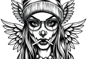 beautiful long hair pin up Clown face Girl payasa  thug beanie eyeglasses  angelic wings smoking a cigarette tattoo idea