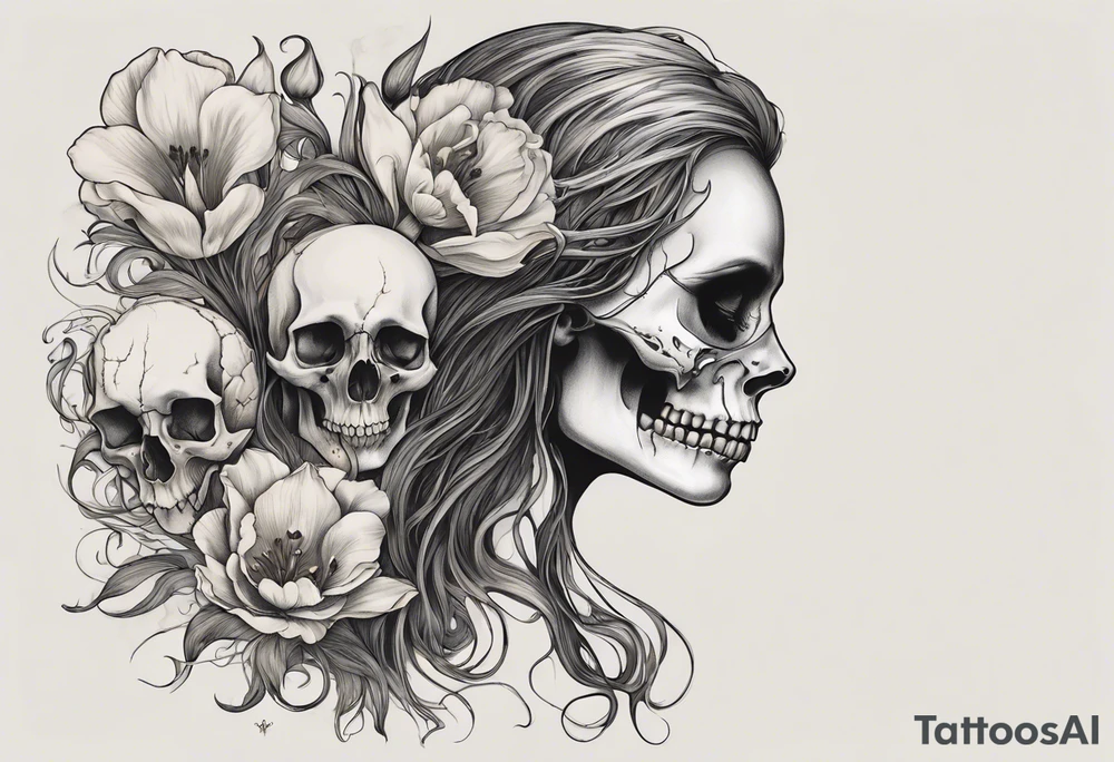 A profile view of a joyful female skull adorned with flowing, long hair, surrounded by symbolism representing the cycle of life and decay. Include a contrast between a fully decayed tulip, a pristine and vibrant tulip in full bloom, and a delicate tulip bud, all harmonizing with the eerie yet beautiful ambiance of the scene. tattoo idea