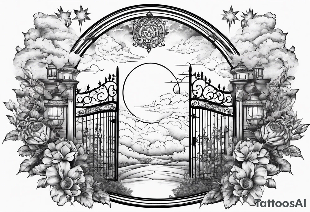 heaven town with gate
in circle vignette surrounded by clouds flowers stars tattoo idea