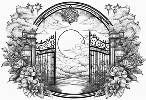 heaven town with gate
 in circle vignette surrounded by clouds flowers stars tattoo idea