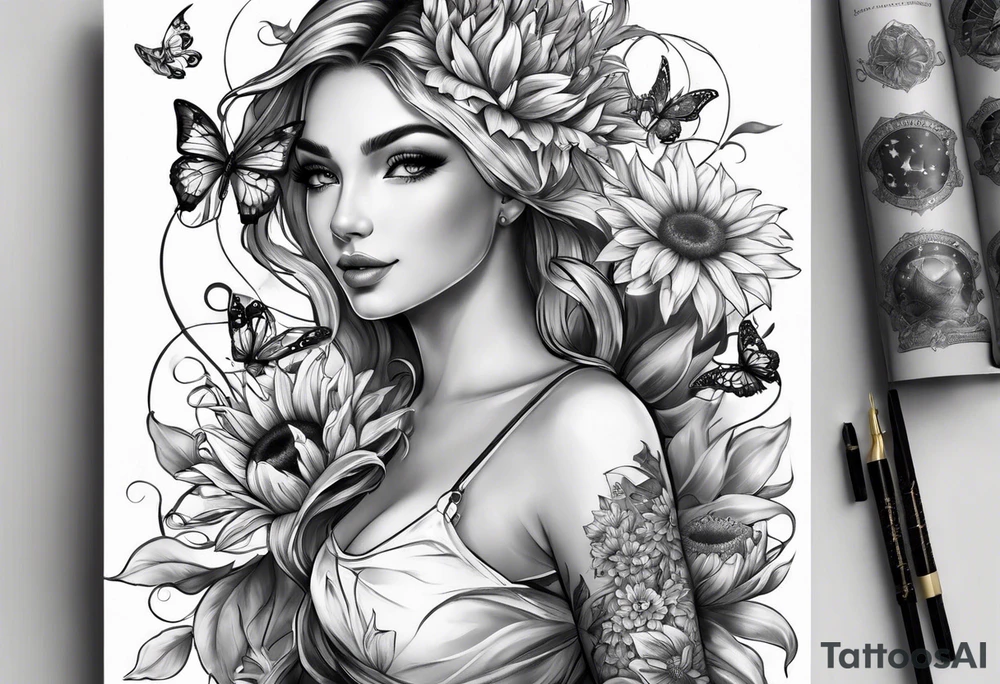 Forearm half sleeve with lilly sunflower flowers & small butterflies incorporating the children names with stars, books, fantasy & dragons themed tattoo idea