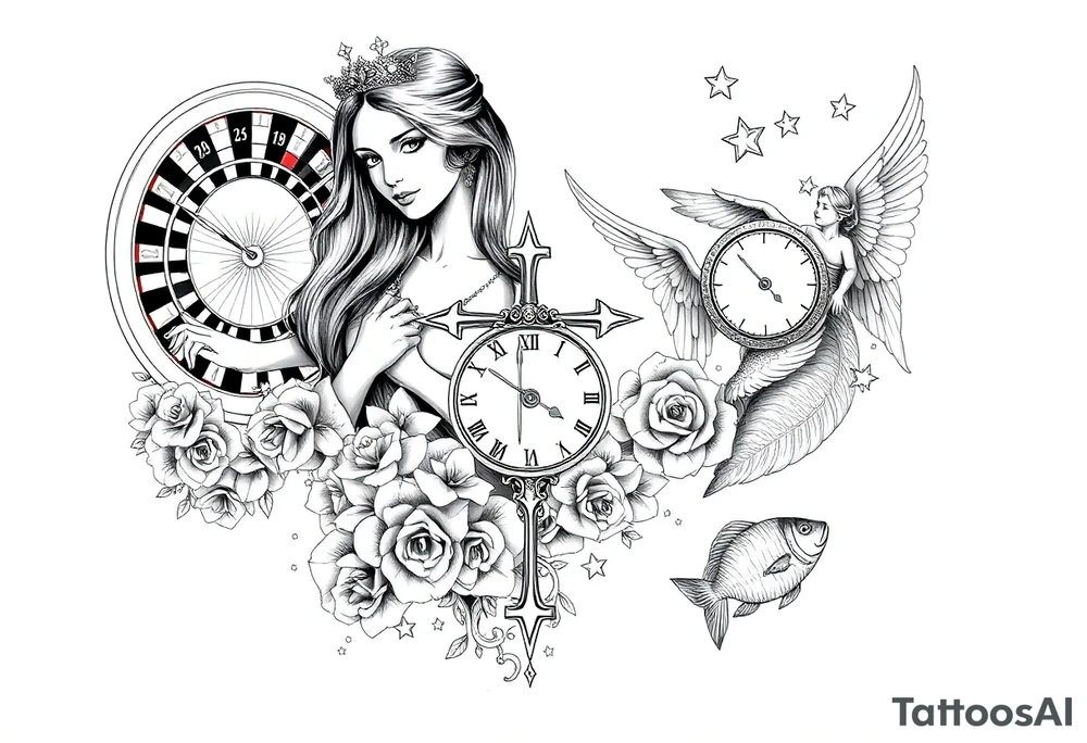 Roulette casino and princess and jesus on cross, baby angels, roses and clock and stars and fish tattoo idea