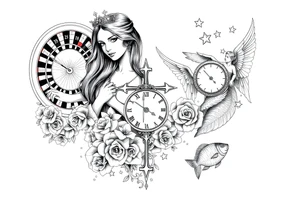 Roulette casino and princess and jesus on cross, baby angels, roses and clock and stars and fish tattoo idea