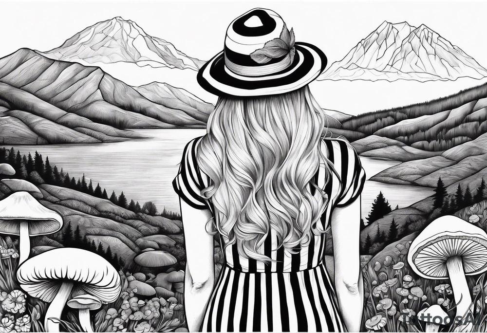 Straight blonde hair girl holding mushrooms in hand facing away toward mountains surrounded by mushrooms circular design black and white striped dress tattoo idea