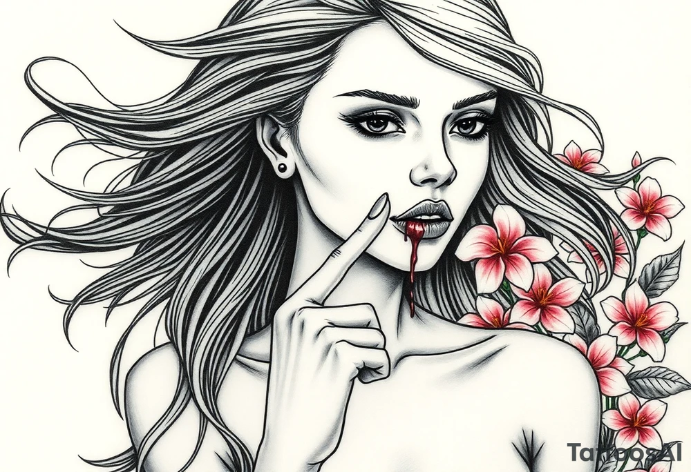 Beautiful women with long flowing hair in the wind that flows down her back and the side of her shoulder and chest as she is looking forward her face is she has big eyes that are wide shut and her little nose is normal and her lips are big and full but she has her index finger to her full lips as telling you to not speak and even though she has alot of hair you can see her pierced ears but both ears are bleeding and the blood is dipped down her naked body as she sits in a garden full of Beautiful pink plumeria tattoo idea