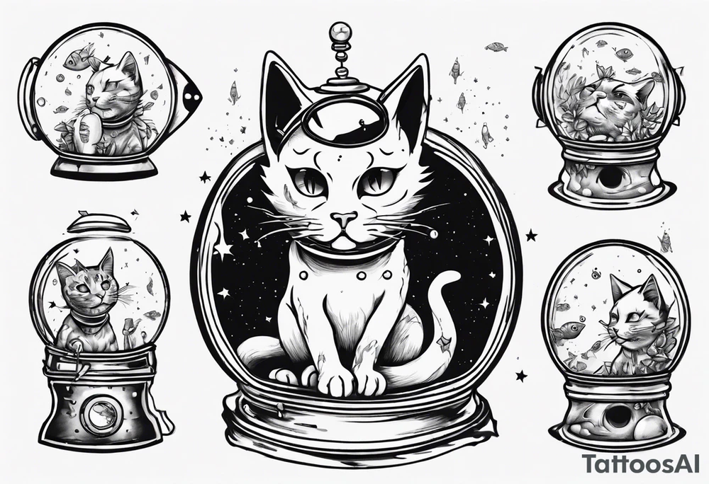 Space cat with a fish bowl on head tattoo idea